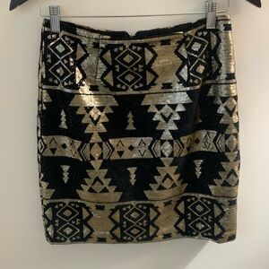 Moss Jang BLACK AND GOLD SEQUIN zip back lined southwest mini SKIRT women’s SZ M